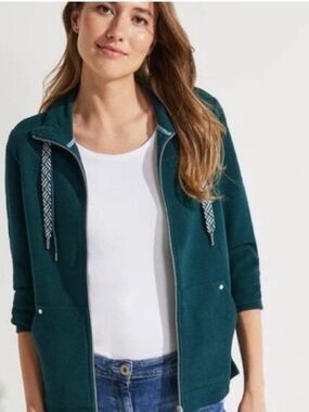 Cecil Waffle‎ Knit Zip Up Drawstring Jacket In Deep Lake Green